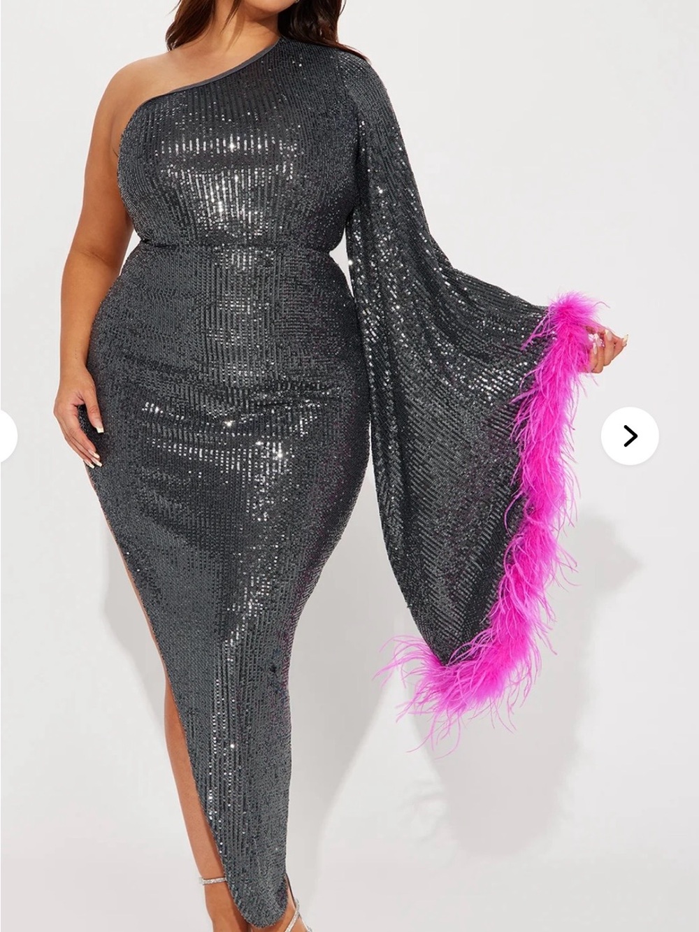 One-Shoulder Black Sequin Dress with Pink Feather Trim